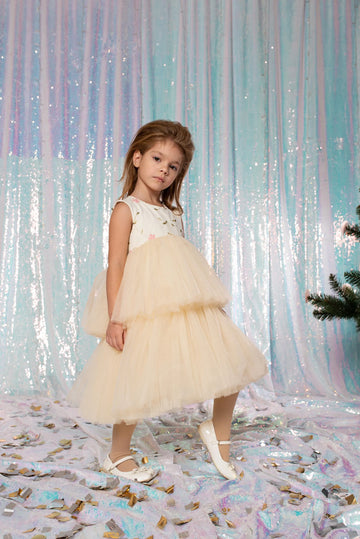 Girl wearing an white  floral embroidered tulle dress with a two-tier layered skirt for special occasions